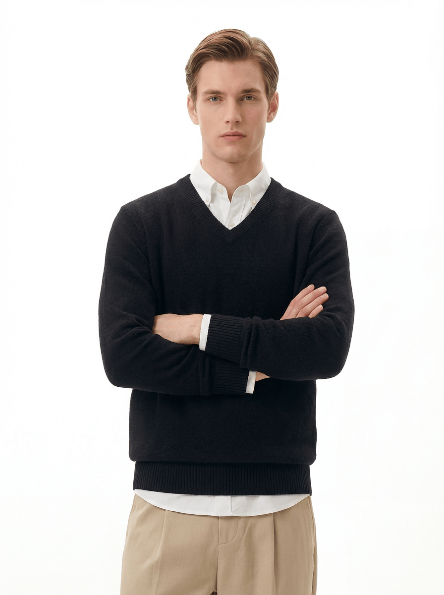 The Heavyweight 400g Pure Wool V-Neck Sweater - Midnight Black