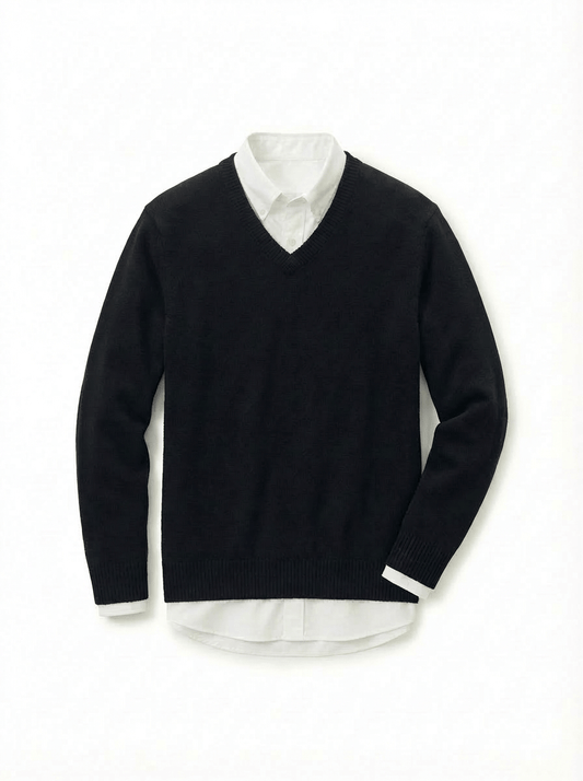 The Heavyweight 400g Pure Wool V-Neck Sweater - Midnight Black